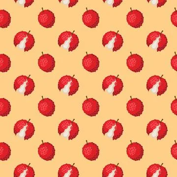 Lychee fruit flat seamless pattern on orange background. Stock Illustration