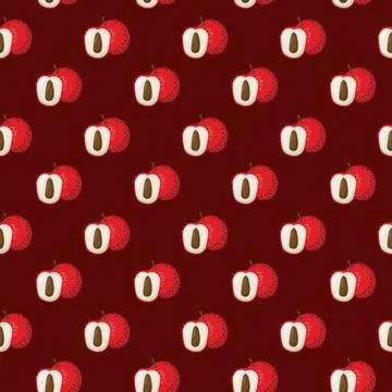 Lychee fruit flat seamless pattern on red background. Stock Illustration