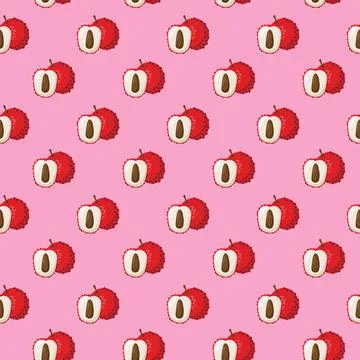 Lychee fruit flat seamless pattern on pink background. Stock Illustration