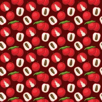 Lychee fruit flat seamless pattern on red background. Stock Illustration