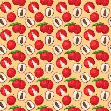 Lychee fruit flat seamless pattern on orange background. 스톡 일러스트