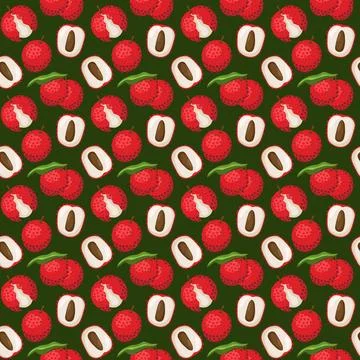 Lychee fruit flat seamless pattern on green background. Stock Illustration