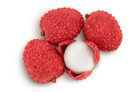 Lychee fruit isolated on white background with full depth of field. Top view Stock Photos