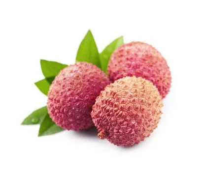 Lychee with leaves on white background. Stock Photos