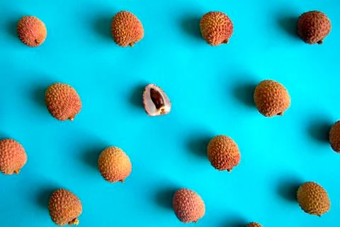 Lychee pattern on blue background. Lychee fruits flat lay, top view. Stock Photos