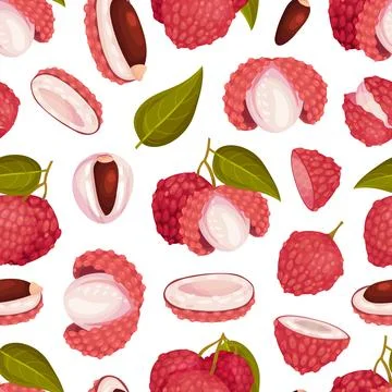 Lychee Tropical Fruit Seamless Pattern Design with Raw Juicy Berry Vector Stock Illustration