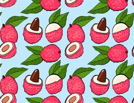 Lychees hand drawn doodle pattern on blue background. Lychee fresh fruits on the Illustrazione stock