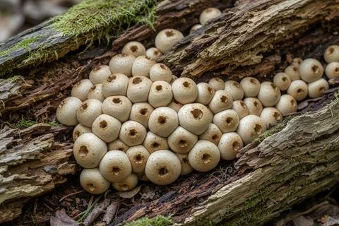 Lycoperdon-piriforme-Close-up of a cluster of puffball mushrooms growing on.. Stock Photos