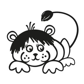 Lying baby lion. Black and white cartoon. Stock Illustration