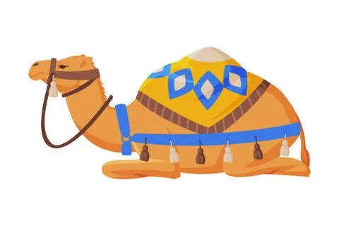 Lying Camel with Saddle, Ttwo Humped Ddesert Animal, Symbol of Egypt Flat Style Stock Illustration