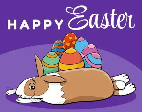 Lying cartoon Easter Bunny with colored eggs greeting card Stock Illustration