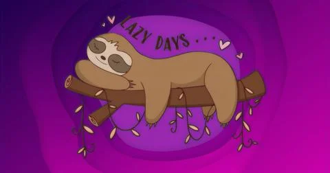 Lying cartoon sloth draping tree branch on purple backdrop, with vines heart  Stock Illustration