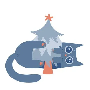 Lying cat hugging small Christmas tree. Naughty kitten. Freehand isolated Stock Illustration
