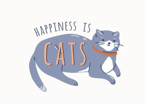 Lying grey cat with a white spots on the face wearing a collar. Funny love Stock Illustration
