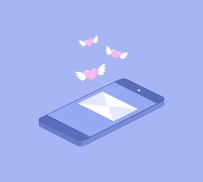 Lying isometric smartphone with an envelope on the screen and flying hearts Stock Illustration