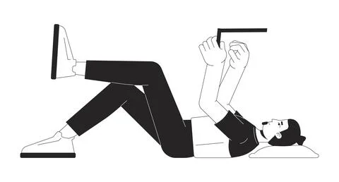 Lying man using laptop black and white 2D line character Stock Illustration