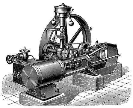 Lying single-cylinder steam engine. Publication of the book Meyers Konvers... 写真素材