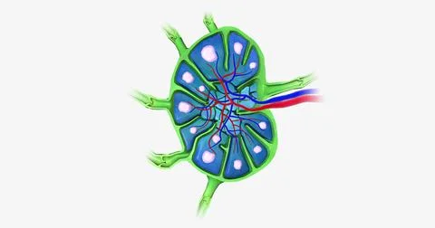 Lymph nodes are bean-shaped organs distributed along the lymphatic vessels. Illustrazione stock