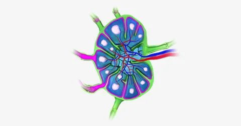 Lymph nodes are bean-shaped organs distributed along the lymphatic vessels. Illustrazione stock
