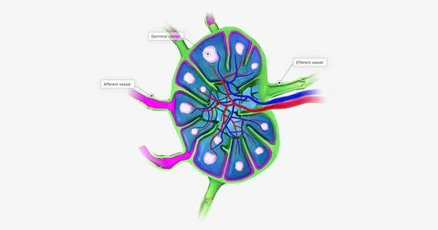 Lymph nodes are bean-shaped organs distributed along the lymphatic vessels. Illustrazione stock
