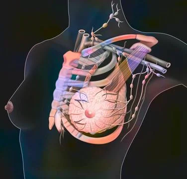 Lymphatic system drawing Lymphatic system of the breast with lymph nodes a... Stock Photos