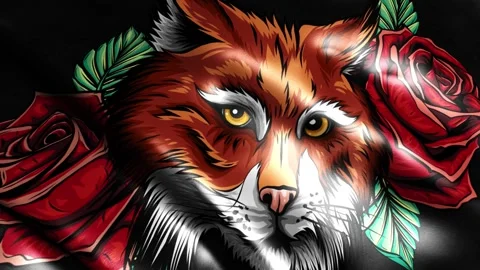 Lynx head with roses on flag Stock Footage 243528917
