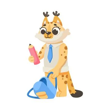 Lynx Student Standing with Backpack Studying at School Vector Illustration Stock Illustration