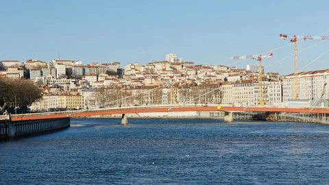 Lyon city bridge in front of the old courthall timelapse view Stock Footage 123363203