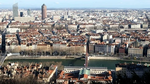 Lyon city view with saone river and buildings during a sunny winter day Stock Footage 123433069