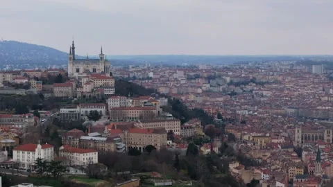 Lyon Cityscape Aerial View Featuring a Grand Hilltop Cathedral Stock Footage 330976152