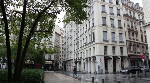 Lyon empty street rue de la Charite in a rainy and cloudy  day Video stock 47826311