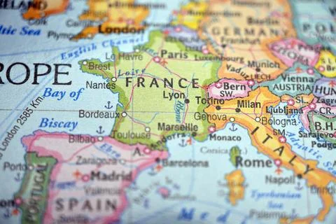 Lyon Highlighted on World Map with Soft Blur Background Minimal Travel Concep Stock Photos