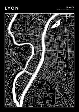 Lyon Map Wall Art Frame, Cartography Map Print, City Layout Map Stock Illustration