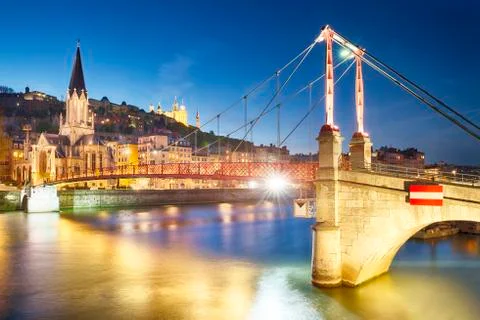 Lyon by nigt with lights Stock Photos