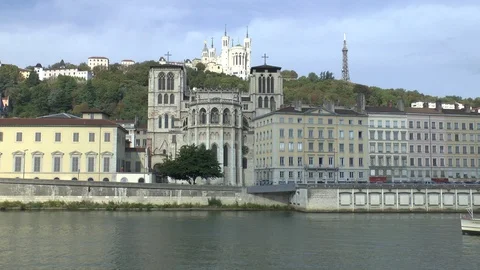 Lyon. View of the Basilique Notre-Dame de Fourviere. Stock Footage 101037383