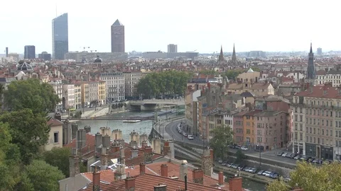 Lyon. View of the city with a barge. Stock Footage 101407132