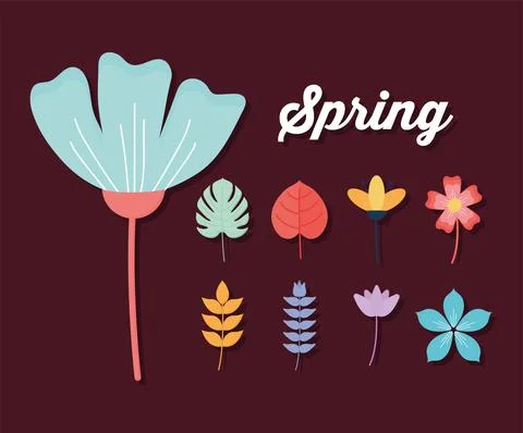 Lyrics of spring and set of flowers on a crimson background Illustration