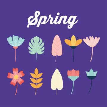 Lyrics of spring and set of flowers on a purple background Illustration