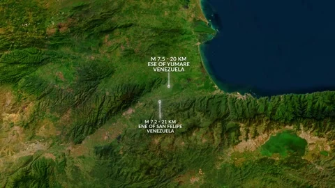 M 7.2 And M 7.5 Earthquake Yumare And San Felipe, Venezuela Map Animation Stock Footage 339265074