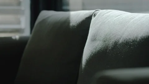 M CU of Young man dusting off a couch during spring cleaning at home Stock Footage 116439758