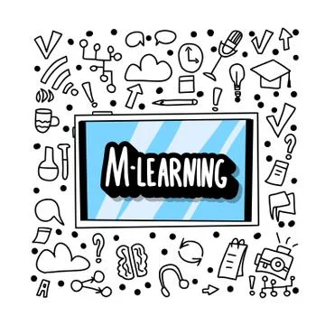 M-learning concept. Online education. Quote and school symbols in doodle styl Stock Illustration