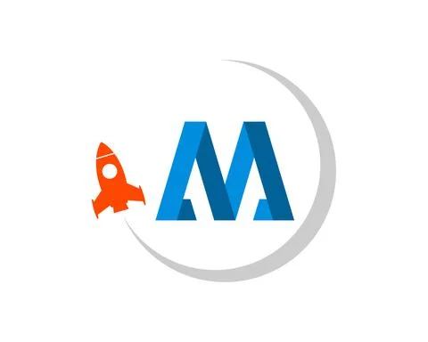 M letter initial with gliding rocket and swoosh Stock Illustration