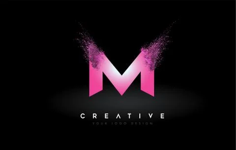 M Letter Logo with Dispersion Effect and Purple Pink Powder Particles Expandi Stock Illustration