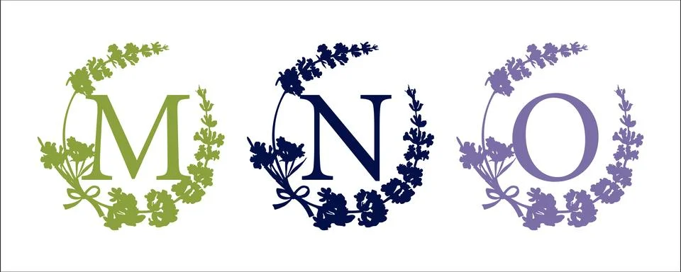 M N O letter. Set modern hand-drawn silhouette sketch illustrations. Lavender Stock Illustration