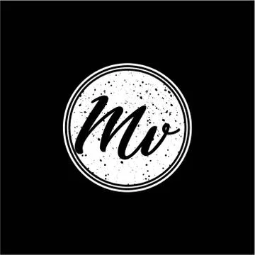 M V Initial Handwriting In Black and White Circle Frame Design Stock Illustration