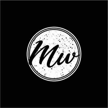 M W Initial Handwriting In Black and White Circle Frame Design Stock Illustration
