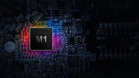 M1 processor chip. Network digital technology with computer cpu chip on dark  Foto stock