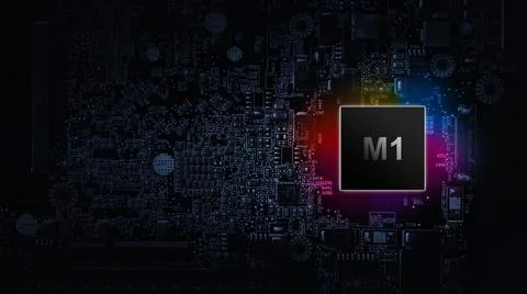 M1 processor chip. Network digital technology with computer cpu chip on dark  Foto stock