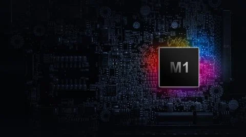 M1 processor chip. Network digital technology with computer cpu chip on dark  스톡 사진