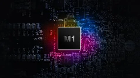 M1 processor chip. Network digital technology with computer cpu chip on dark  Stock Photos